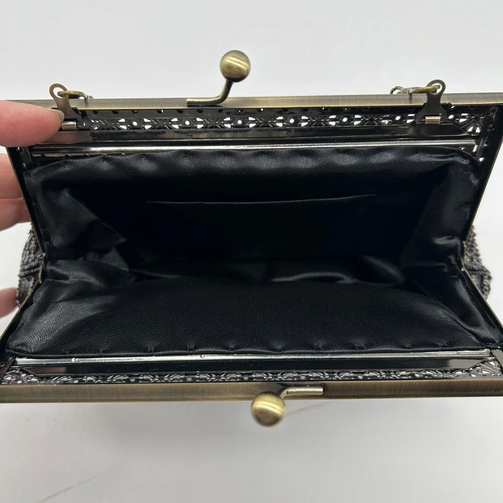 Peacock Black Clutch Purse Beaded Sequin Evening Bag Chain‎ Handle
